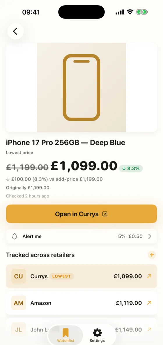 One product priced across Currys, Amazon and John Lewis, with the cheapest marked