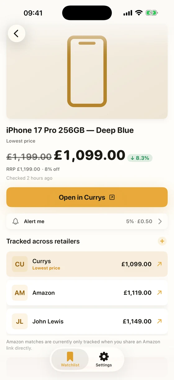 One product priced across Currys, Amazon and John Lewis, with the cheapest marked